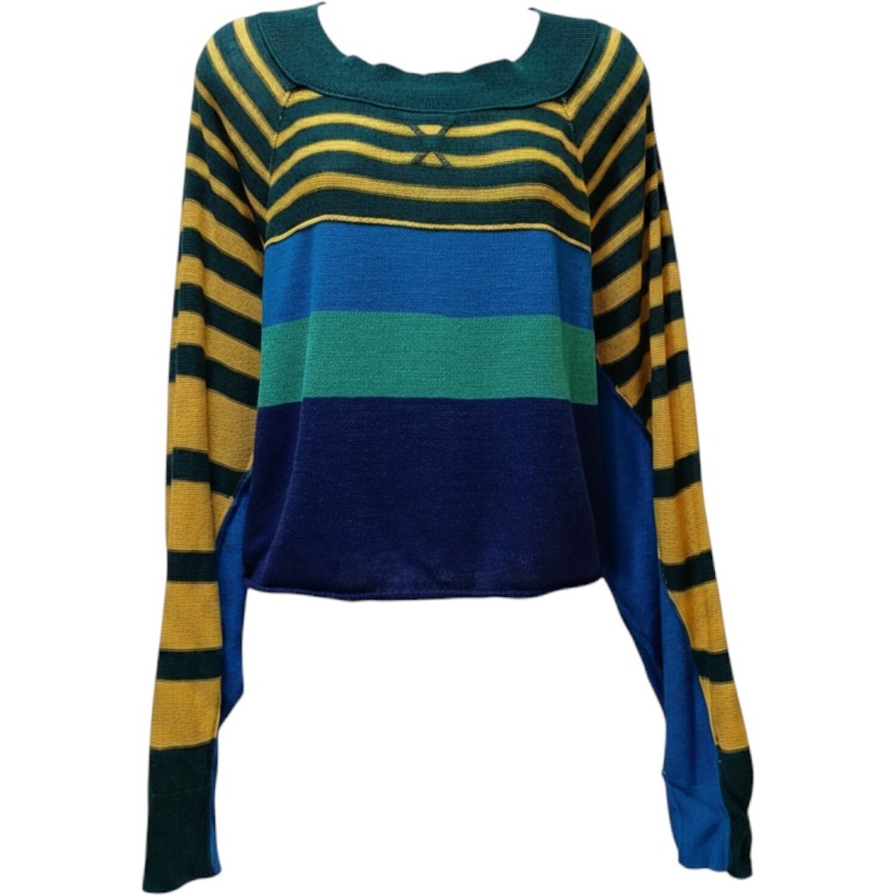 Free People Sweater Womens S Colorblock Stripe Cropped Boho Coastal Oversized